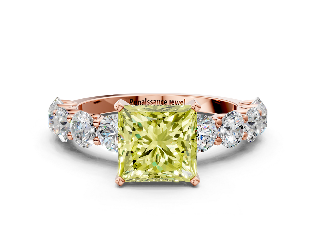 Rose gold Fancy Yellow Princess  Diamond Prong Setting with Side Stones on a Pave Band