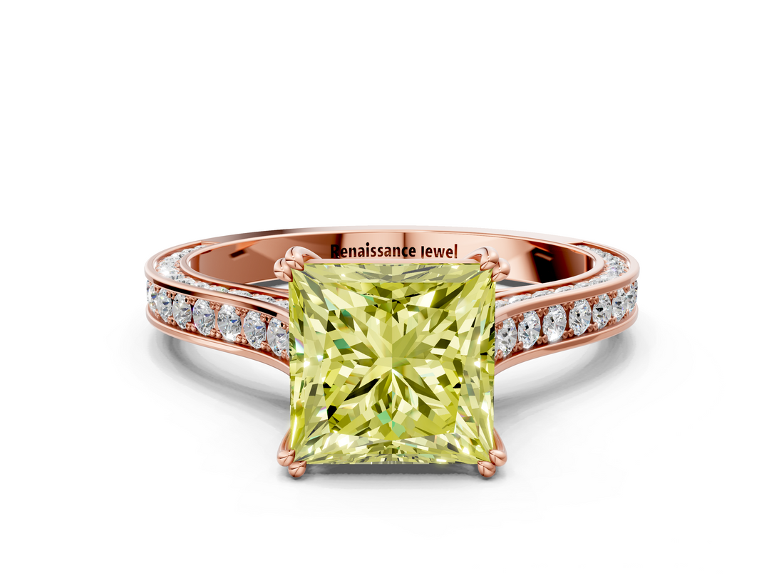 Rose gold Fancy Yellow Princess  Diamond Solitaire with Pave Band and Six-Prong Setting