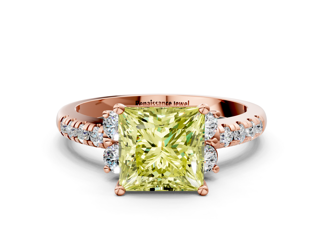 Rose gold Fancy Yellow Princess  Diamond Three-Stone Pave Band with Four-Prong Setting