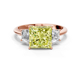 Rose gold Fancy Yellow Princess  Diamond Three-Stone Ring with Trapezoid Side Stones and Prong Setting