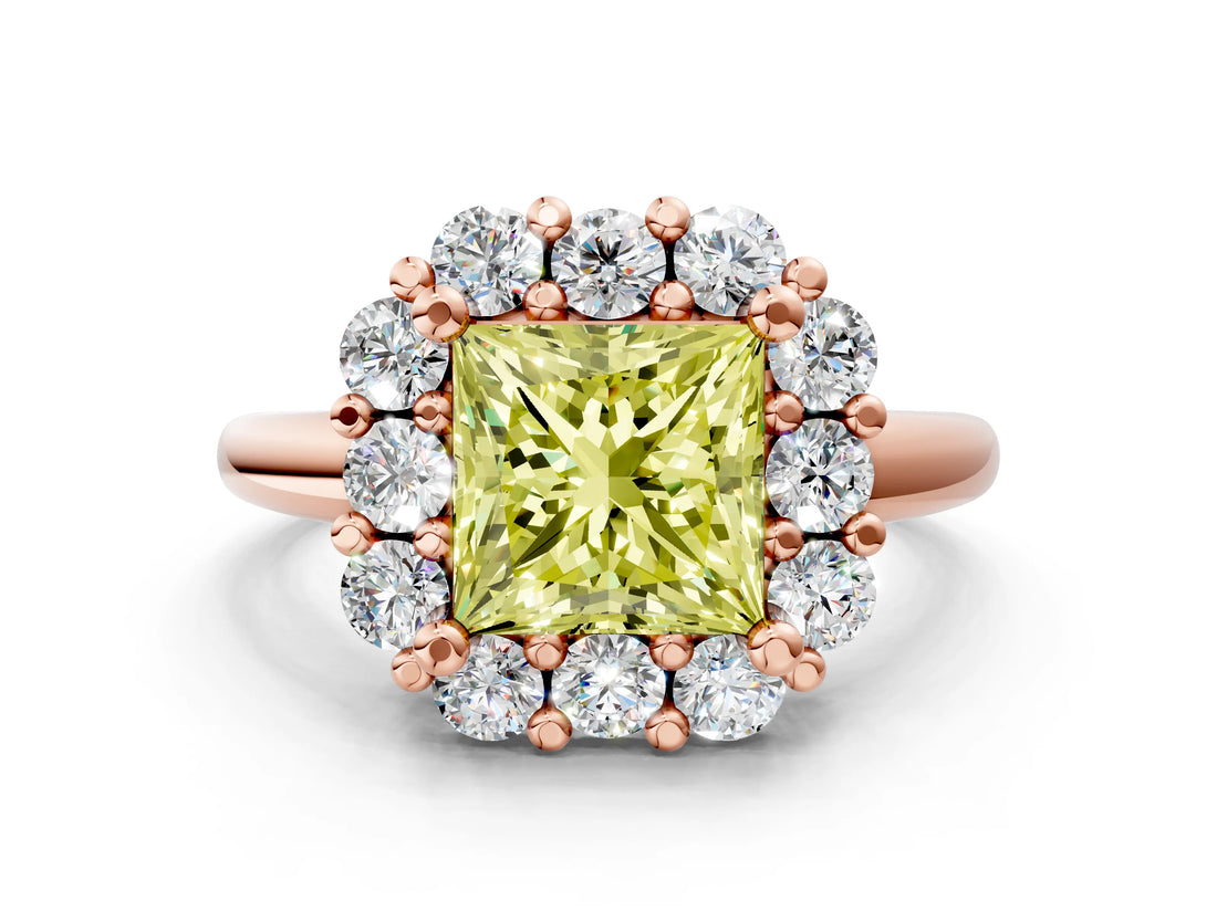 Rose gold Fancy Yellow Princess  Halo Cluster Diamond Engagement Ring with Prong Setting and Polished Band_57
