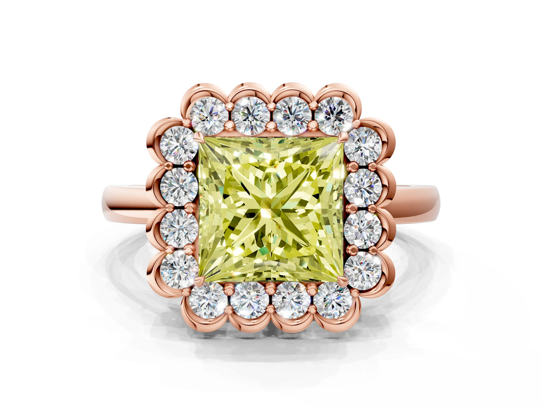 Rose gold Fancy Yellow Princess  Halo Cluster Diamond Engagement Ring with Solitaire Band and Prong Setting_29