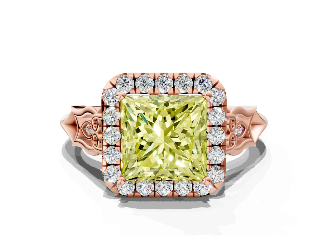 Rose gold Fancy Yellow Princess  Halo Diamond Engagement Ring with Filigree Band and Four-Prong Setting_81