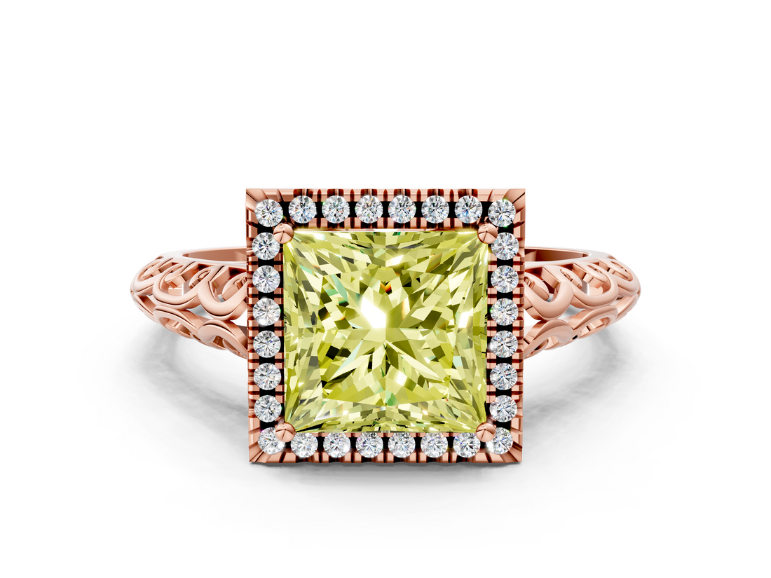 Rose gold Fancy Yellow Princess  Halo Diamond Engagement Ring with Intricate Filigree Band and Four-Prong Setting