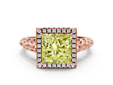 Rose gold Fancy Yellow Princess  Halo Diamond Engagement Ring with Intricate Filigree Band and Four-Prong Setting