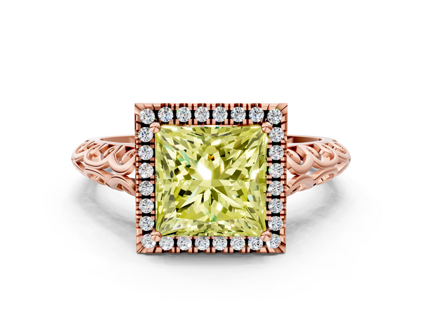 Rose gold Fancy Yellow Princess  Halo Diamond Engagement Ring with Intricate Filigree Band and Four-Prong Setting