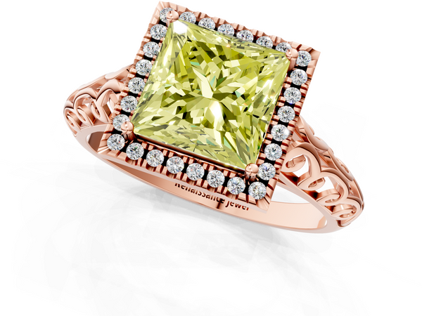 Rose gold Fancy Yellow Princess  Halo Diamond Engagement Ring with Intricate Filigree Band and Four-Prong Setting