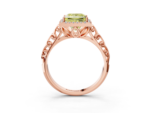 Rose gold Fancy Yellow Princess  Halo Diamond Engagement Ring with Intricate Filigree Band and Four-Prong Setting
