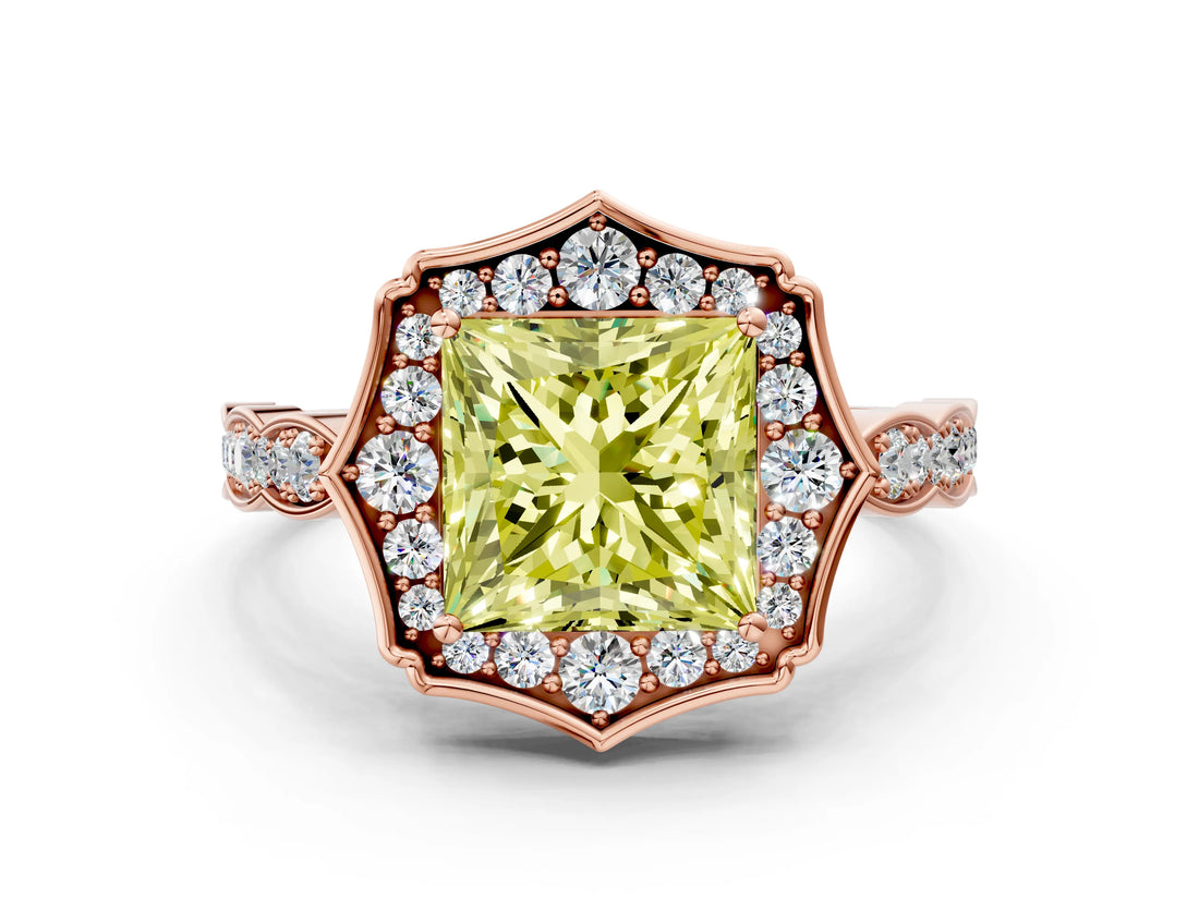 Rose gold Fancy Yellow Princess  Halo Diamond Engagement Ring with Milgrain Band and Four-Prong Setting_16