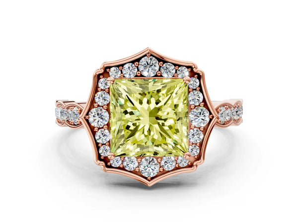 Rose gold Fancy Yellow Princess  Halo Diamond Engagement Ring with Milgrain Band and Four-Prong Setting
