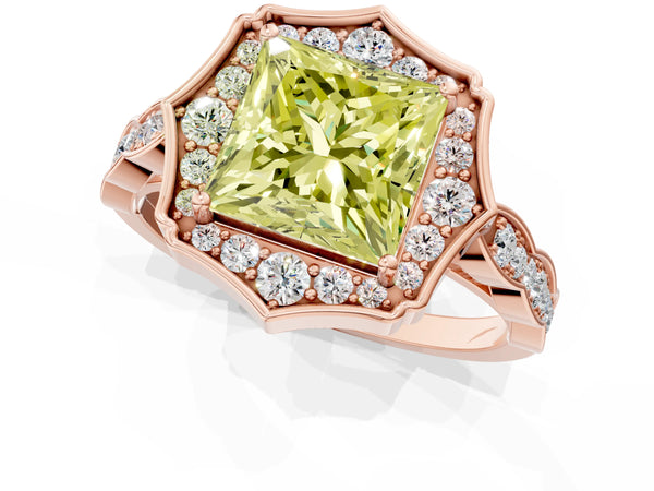 Rose gold Fancy Yellow Princess  Halo Diamond Engagement Ring with Milgrain Band and Four-Prong Setting