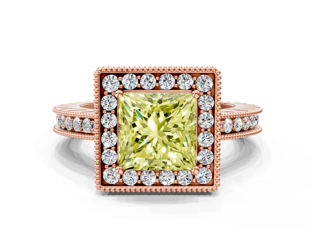 Rose gold Fancy Yellow Princess  Halo Diamond Engagement Ring with Milgrain Pave Band and Four-Prong Setting_192