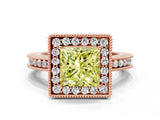 Rose gold Fancy Yellow Princess  Halo Diamond Engagement Ring with Milgrain Pave Band and Four-Prong Setting_192