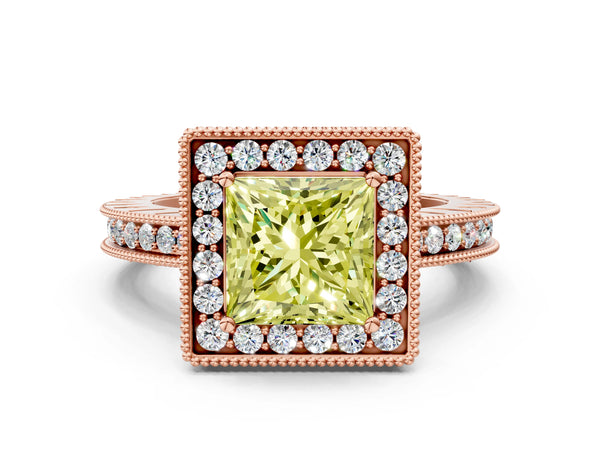 Rose gold Fancy Yellow Princess  Halo Diamond Engagement Ring with Milgrain Pave Band and Four-Prong Setting