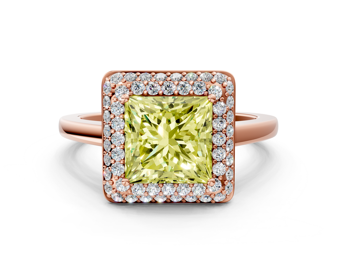 Rose gold Fancy Yellow Princess  Halo Diamond Engagement Ring with Solitaire Band and Four-Prong Setting