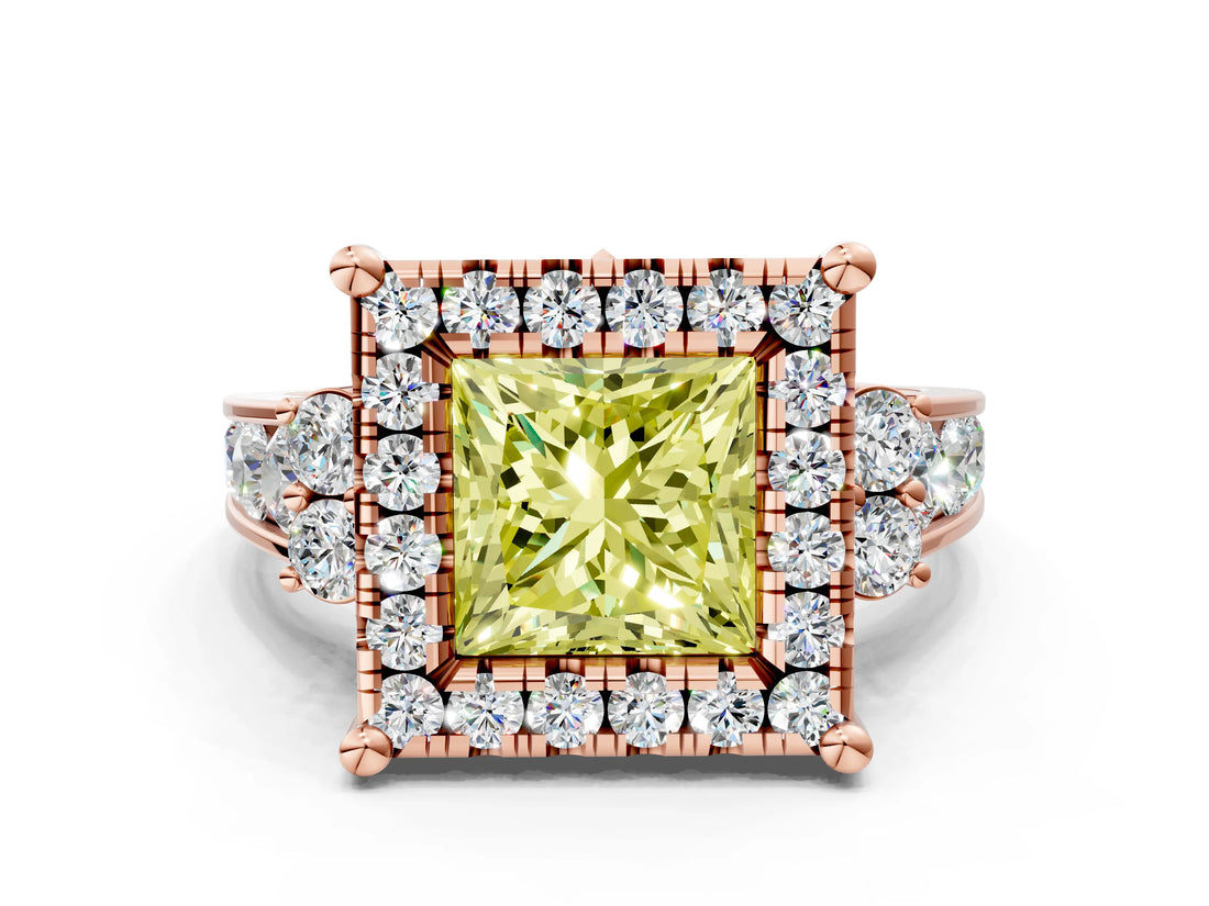 Rose gold Fancy Yellow Princess  Halo Diamond Engagement Ring with Split Shank and Four-Prong Setting