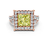 Rose gold Fancy Yellow Princess  Halo Diamond Engagement Ring with Split Shank and Four-Prong Setting