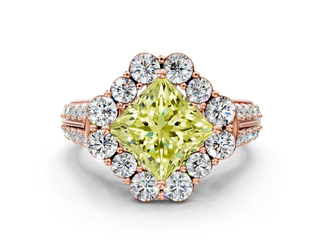 Rose gold Fancy Yellow Princess  Halo Diamond Engagement Ring with Split Shank and Prong Setting_29
