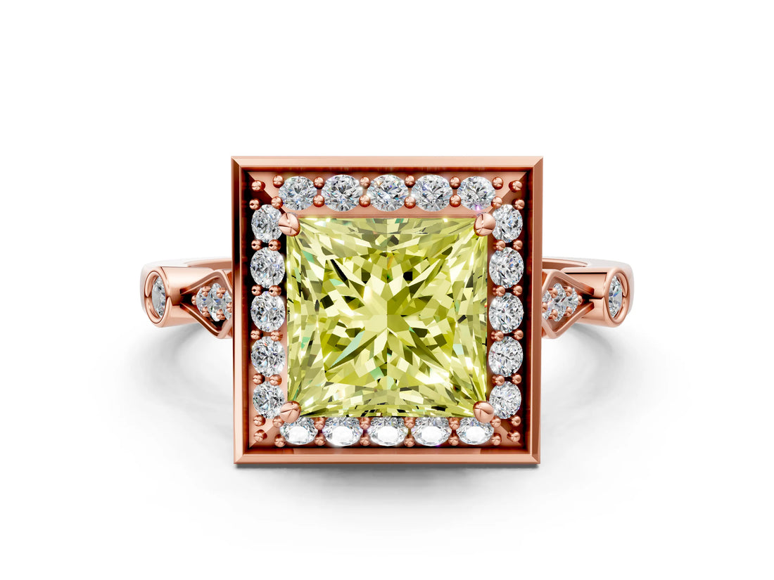 Rose gold Fancy Yellow Princess  Halo Diamond Engagement Ring with Twisted Band and Four-Prong Setting 1
