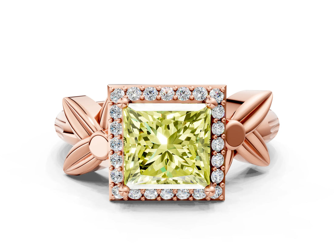 Rose gold Fancy Yellow Princess  Halo Diamond Floral Band with Four-Prong Setting_56
