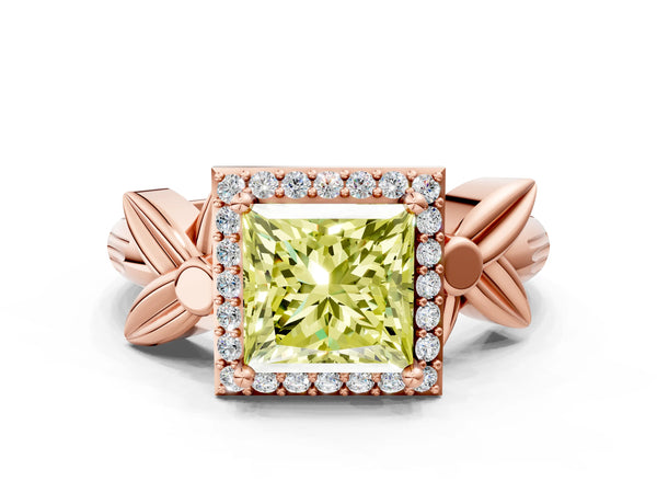 Rose gold Fancy Yellow Princess  Halo Diamond Floral Band with Four-Prong Setting