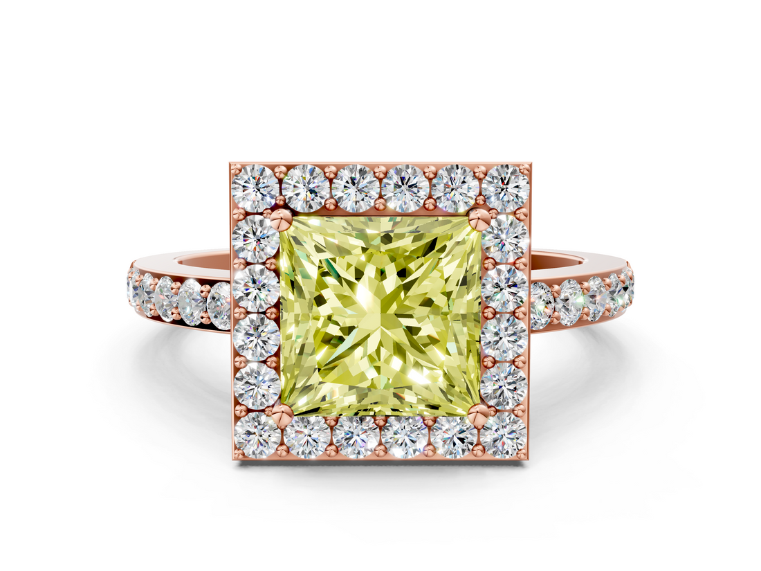 Rose gold Fancy Yellow Princess  Halo Diamond Pavé Band Ring with Prong Setting