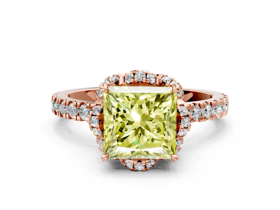 Rose gold Fancy Yellow Princess  Halo Diamond Pave Band Ring with Four-Prong Setting_15