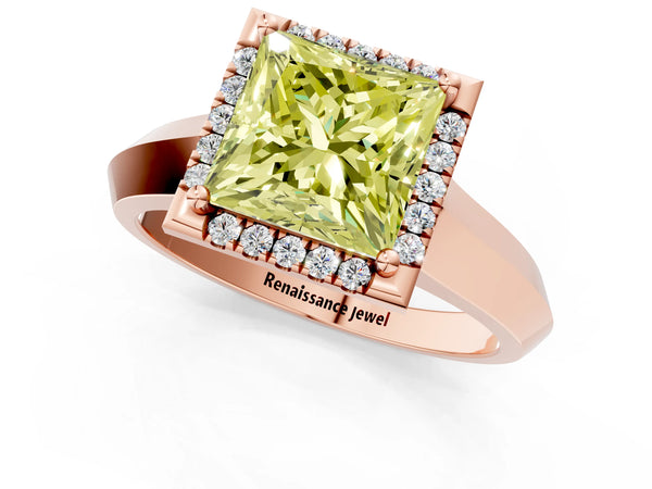 Rose gold Fancy Yellow Princess  Halo Diamond Ring with Cathedral Band and Four-Prong Setting