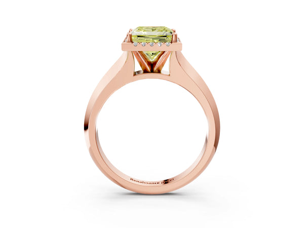 Rose gold Fancy Yellow Princess  Halo Diamond Ring with Cathedral Band and Four-Prong Setting