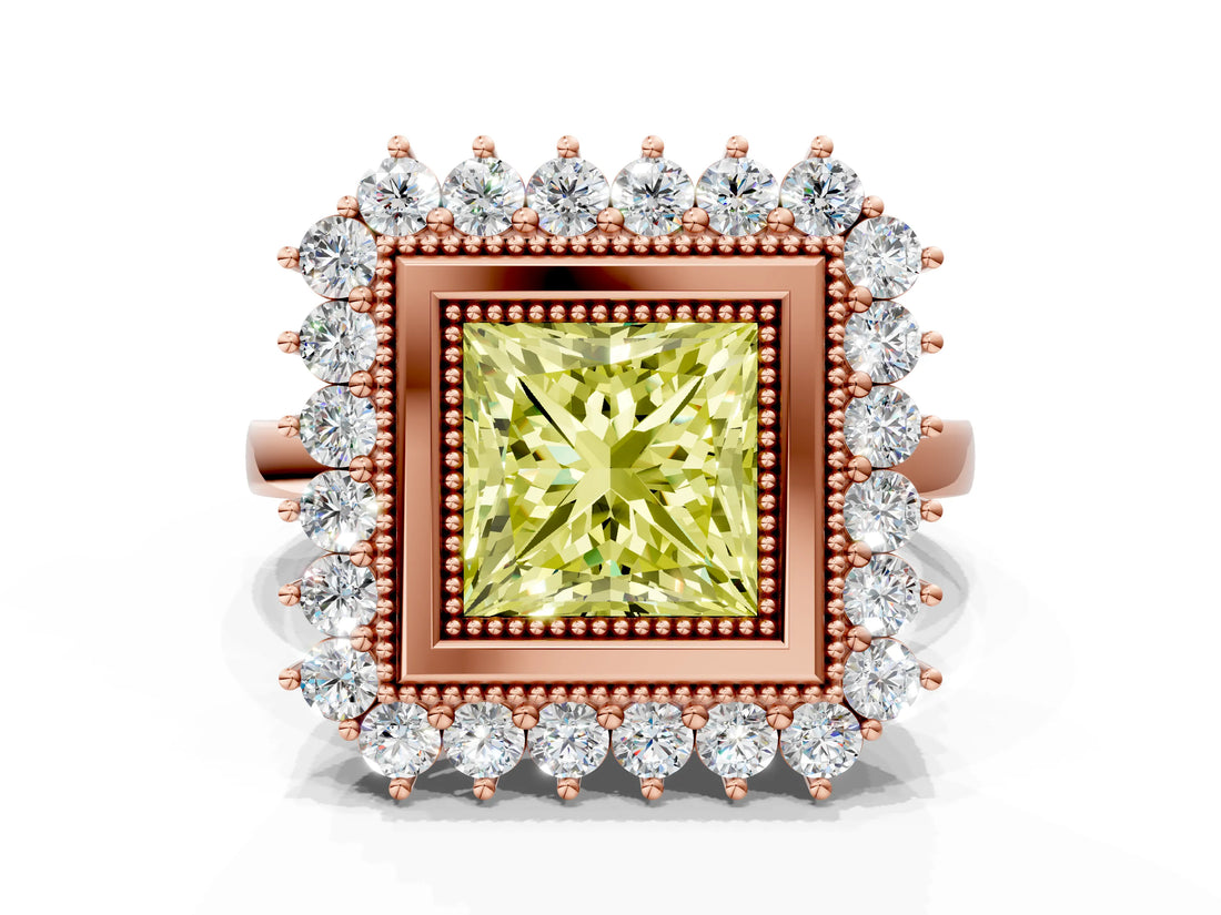Rose gold Fancy Yellow Princess  Halo Diamond Ring with Milgrain Edge and Round Prong Setting_28