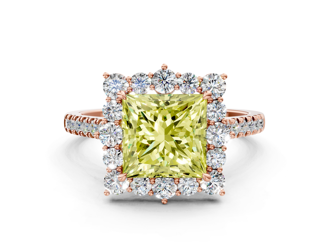 Rose gold Fancy Yellow Princess  Halo Diamond Ring with Pavé Band and Prong Setting_16