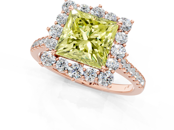 Rose gold Fancy Yellow Princess  Halo Diamond Ring with Pavé Band and Prong Setting