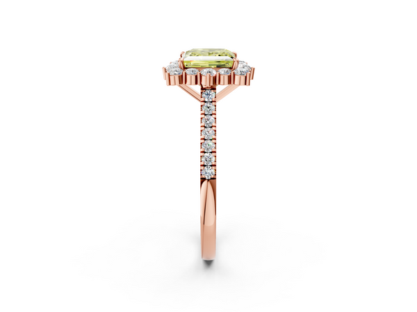 Rose gold Fancy Yellow Princess  Halo Diamond Ring with Pavé Band and Prong Setting