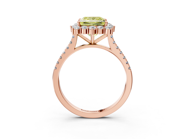 Rose gold Fancy Yellow Princess  Halo Diamond Ring with Pavé Band and Prong Setting