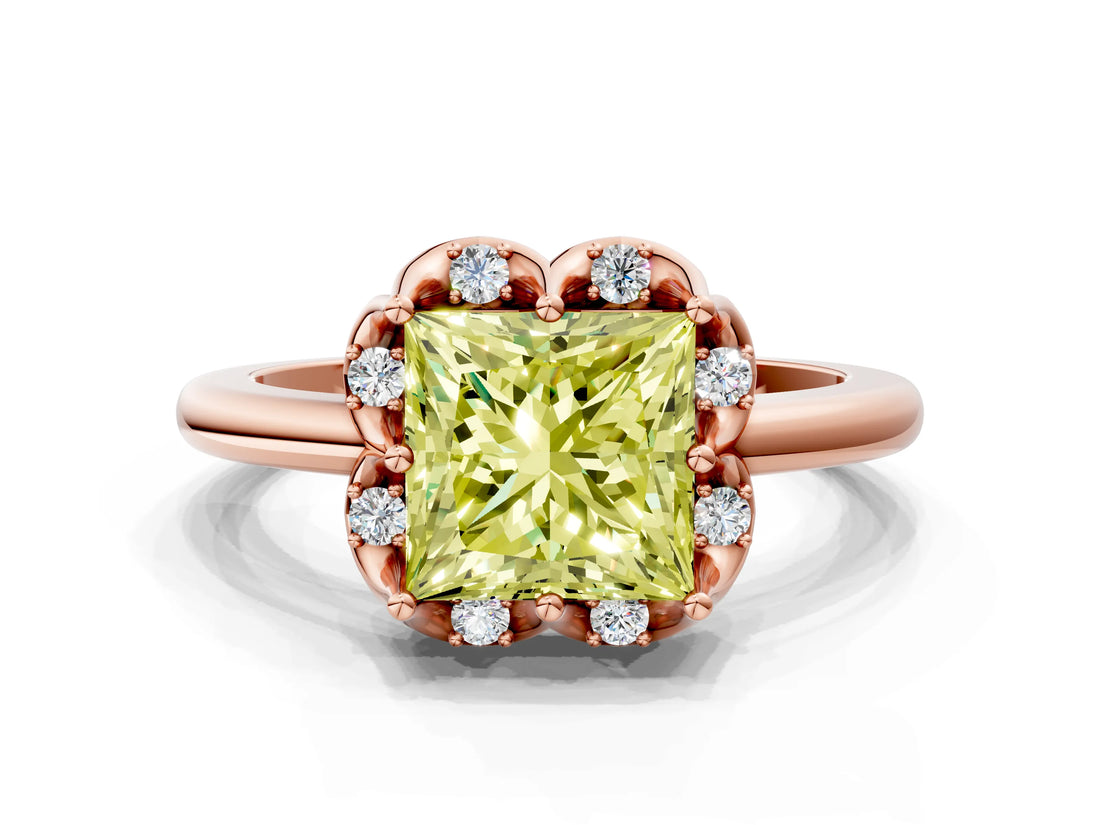 Rose gold Fancy Yellow Princess  Halo Diamond Ring with Round Cluster Setting, Solitaire Band, and Four-Prong Setting_29