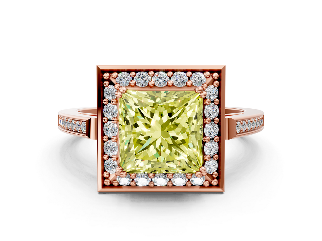 Rose gold Fancy Yellow Princess  Halo Diamond Ring with Split Shank and Four-Prong Setting
