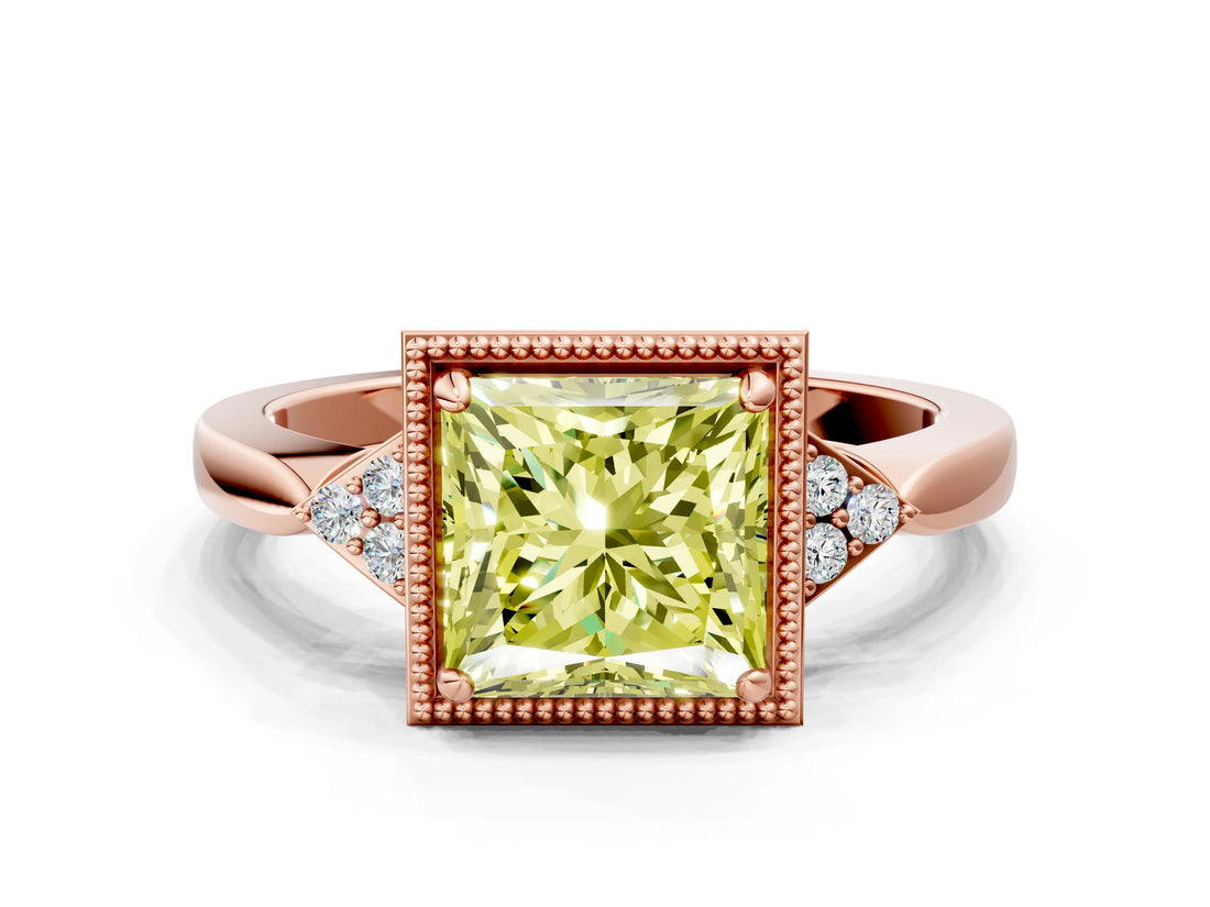 Rose gold Fancy Yellow Princess  Halo Diamond Ring with Tapered Band and Four-Prong Setting_3