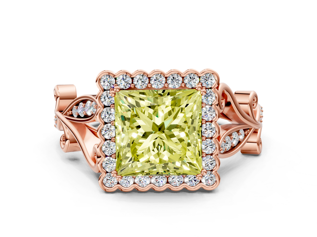 Rose gold Fancy Yellow Princess  Halo Diamond Ring with Vintage Split Shank and Four-Prong Setting
