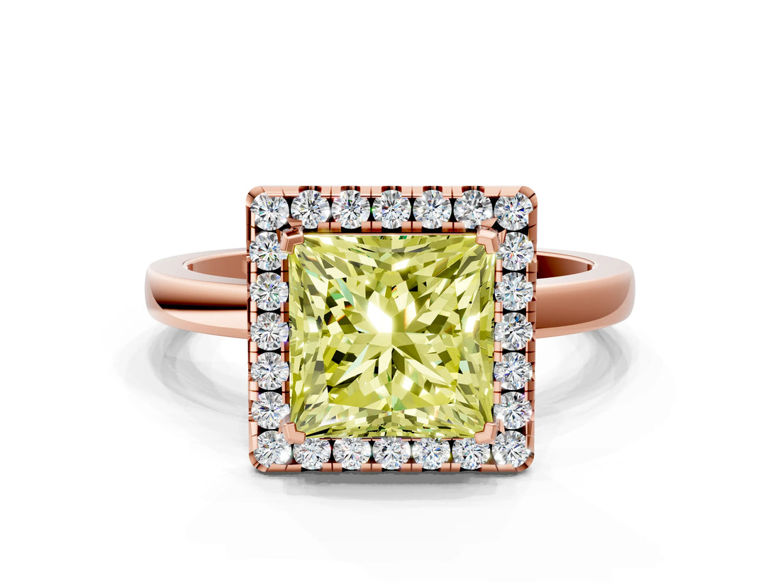 Rose gold Fancy Yellow Princess  Halo Diamond Solitaire with Pavé Band and Four-Prong Setting_17