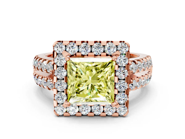 Rose gold Fancy Yellow Princess  Halo Diamond Split Shank Engagement Ring with Prong Setting