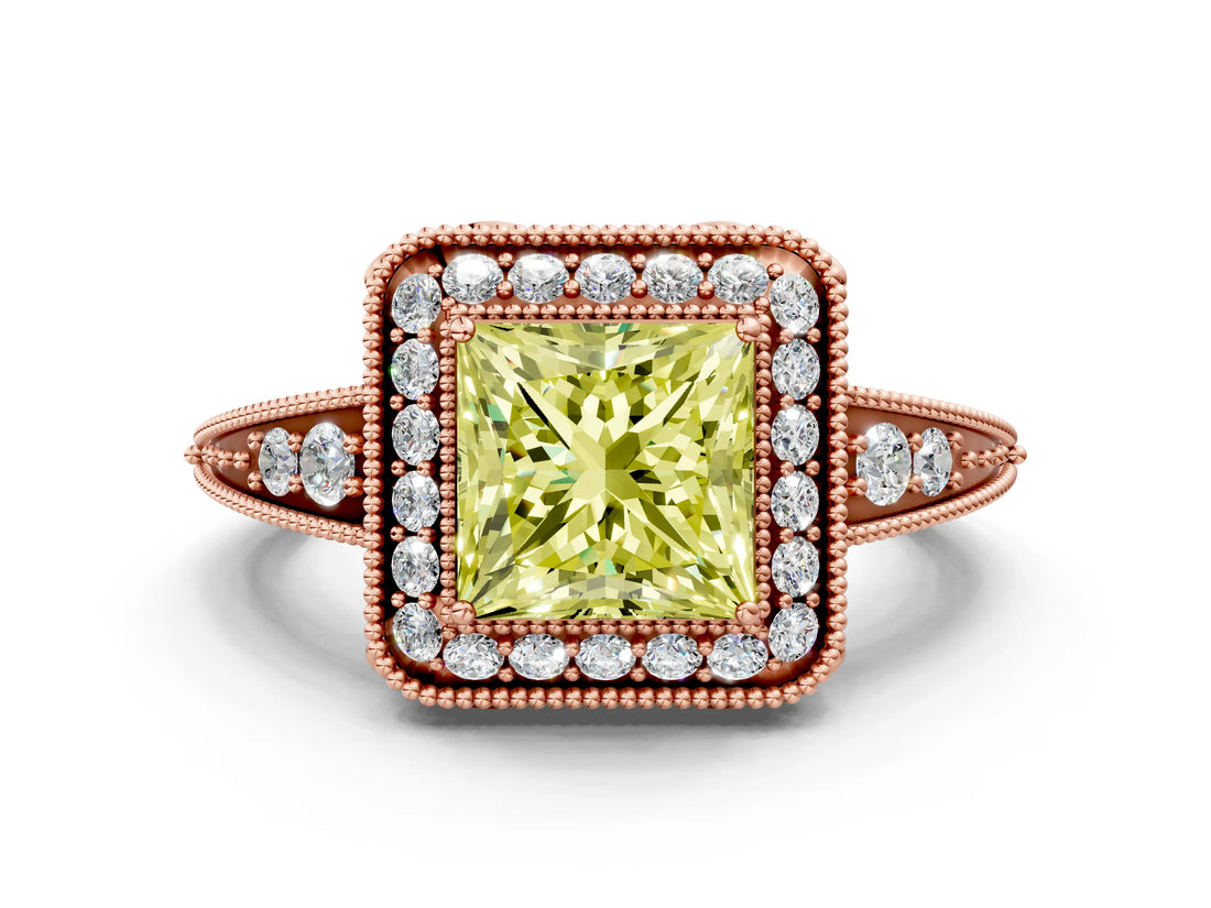 Rose gold Fancy Yellow Princess  Halo Diamond Split Shank Ring with Milgrain Detail_29