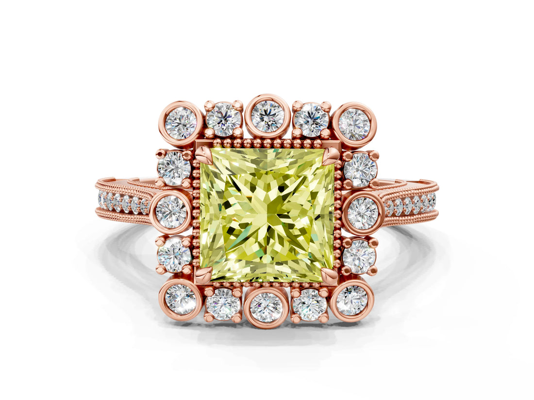 Rose gold Fancy Yellow Princess  Halo Milgrain Pave Diamond Ring with Four-Prong Setting