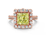 Rose gold Fancy Yellow Princess  Halo Milgrain Pave Diamond Ring with Four-Prong Setting