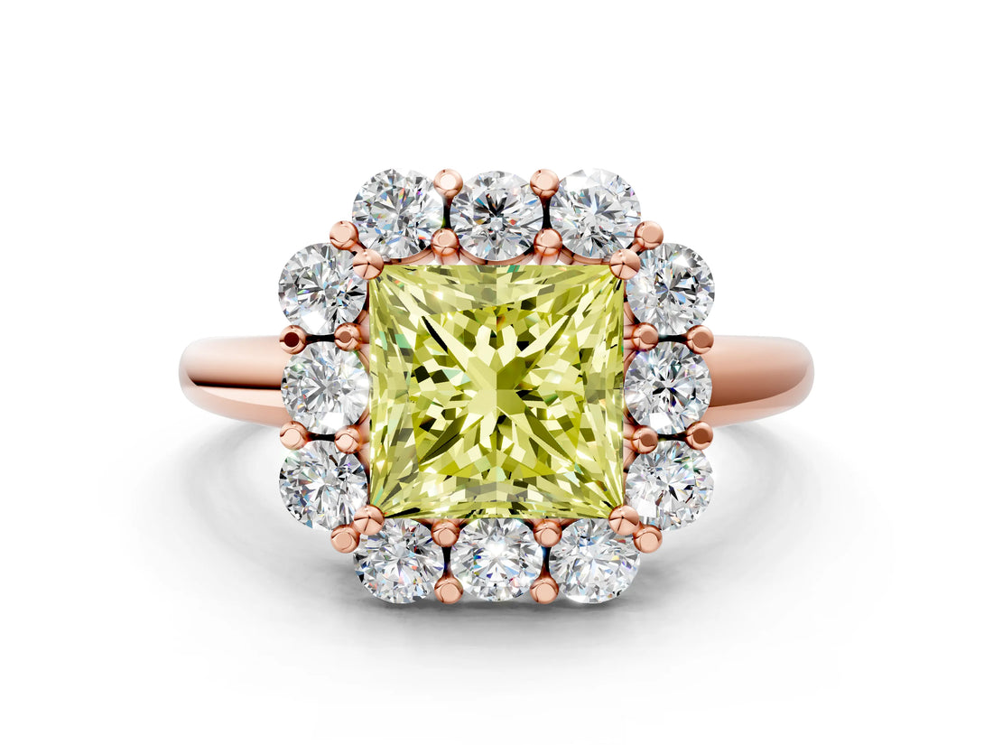 Rose gold Fancy Yellow Princess  Halo Milgrain Solitaire with Bezel Set Side Stones and Pave Band_32