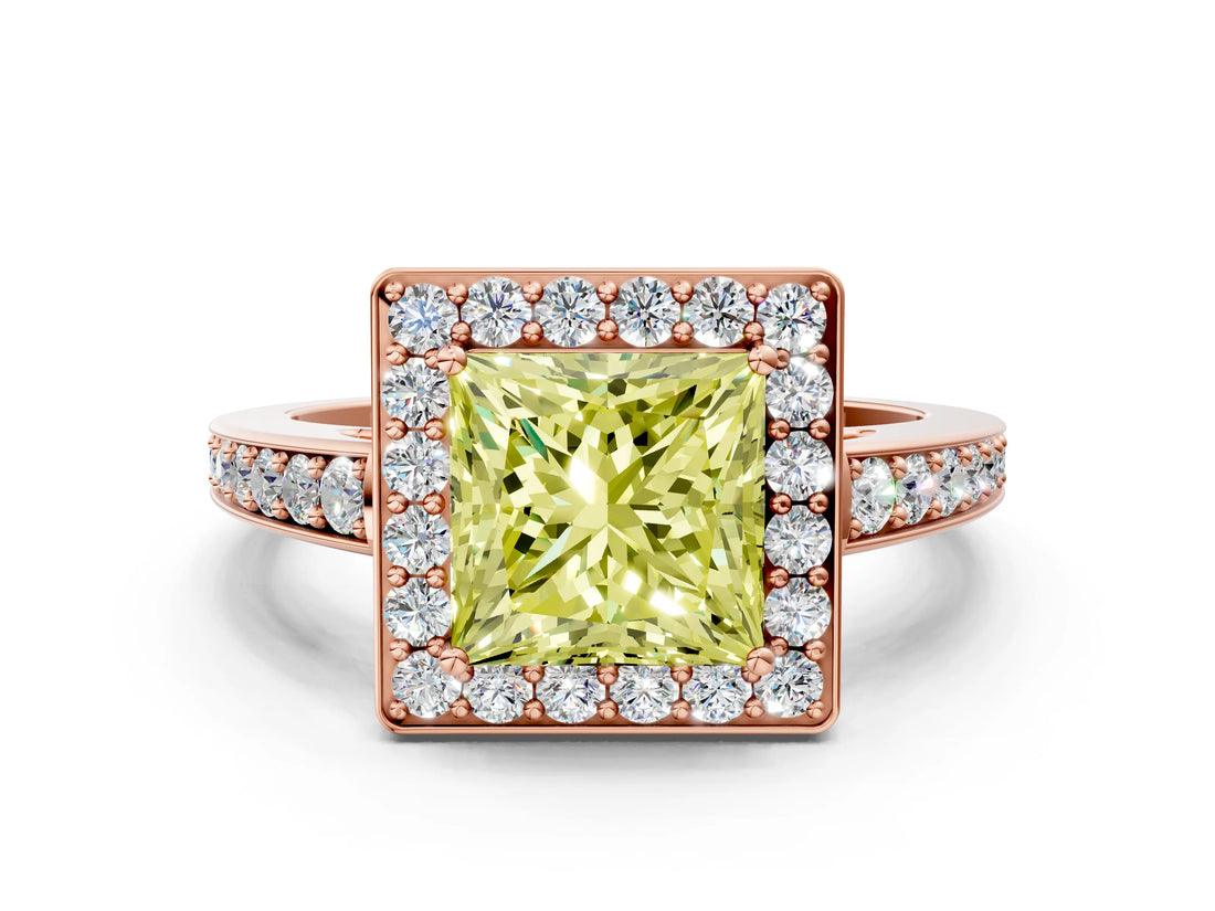 Rose gold Fancy Yellow Princess  Halo Pavé Diamond Engagement Ring with Bezel Setting_17