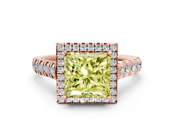 Rose gold Fancy Yellow Princess  Halo Pavé Diamond Engagement Ring with Four-Prong Setting