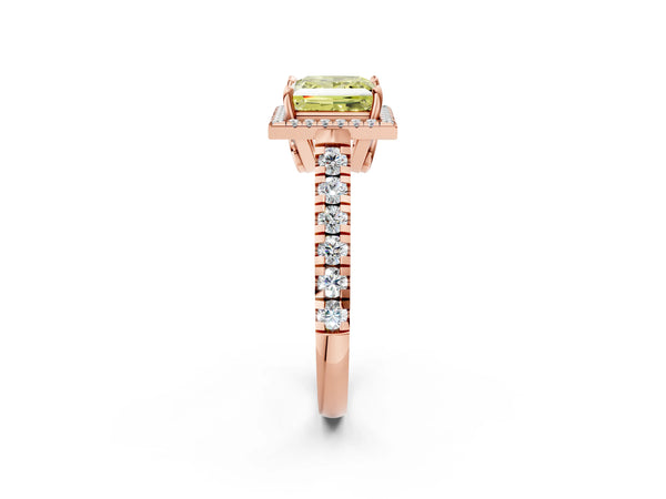 Rose gold Fancy Yellow Princess  Halo Pavé Diamond Engagement Ring with Four-Prong Setting