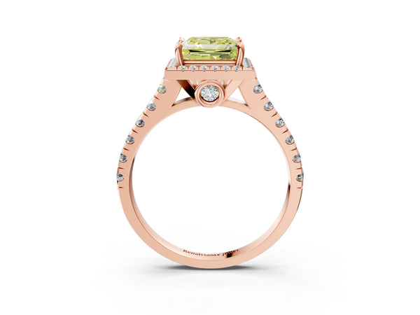 Rose gold Fancy Yellow Princess  Halo Pavé Diamond Engagement Ring with Four-Prong Setting