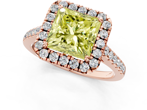 Rose gold Fancy Yellow Princess  Halo Pavé Diamond Engagement Ring with Four-Prong Setting