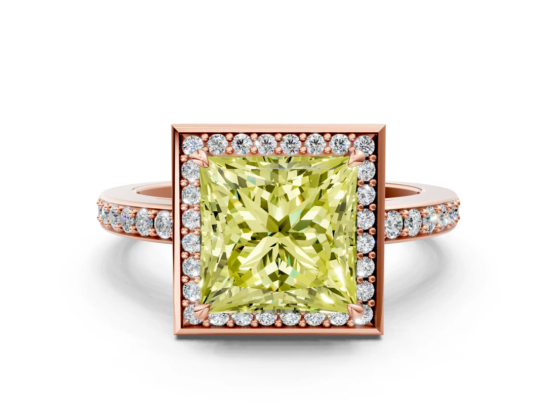 Rose gold Fancy Yellow Princess  Halo Pave Band Solitaire Ring with Prong Setting_29
